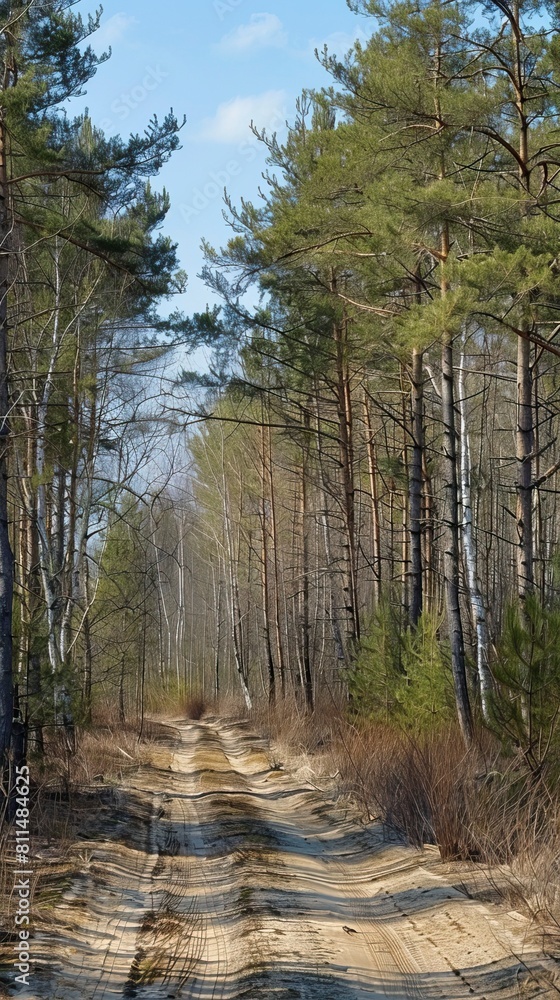 a sandy road through pine-tree and birtch forest in spring a sandy road through pine-tree and birtch forest in spring