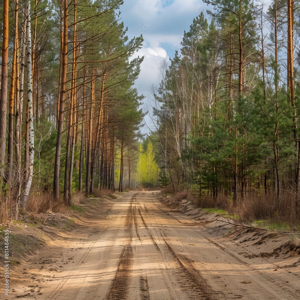 a sandy road through pine-tree and birtch forest in spring a sandy road through pine-tree and birtch forest in spring
