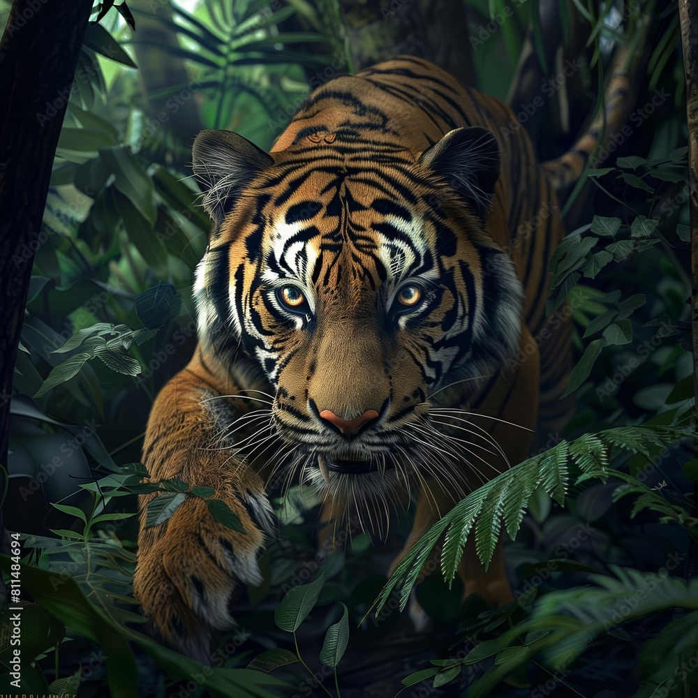 Fierce tiger stalking through dense jungle