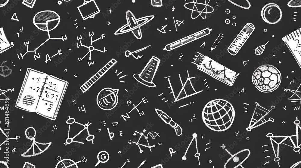 Hand drawn vector background with math equations, microDaFis and science elements on a chalkboard seamless pattern. Hand drawn vector background with math equations, microDaFis and science elements on a chalkboard seamless pattern.