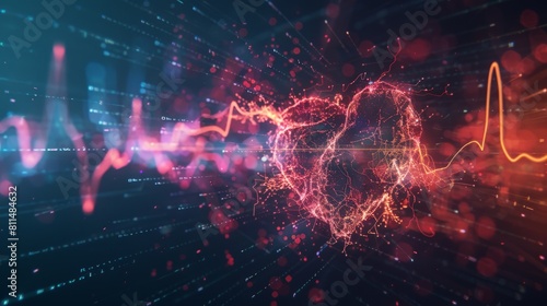 A striking visual representation of a heartbeat line seamlessly transitioning into digital AI code, symbolizing the convergence of advanced technology photo