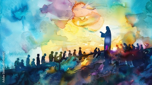 Sermon on the Mount with Jesus teaching the crowds on a hillside
