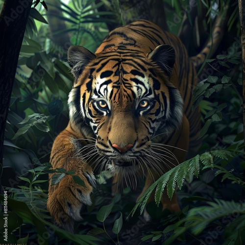 Fierce tiger stalking through dense jungle