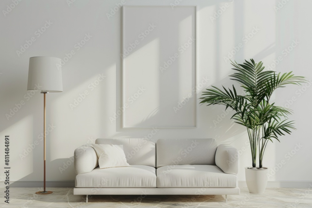 Bright living room with a large blank canvas over a beige couch, potted plants, and minimalist decor. Bright living room with a large blank canvas over a beige couch, potted plants, and minimalist decor.