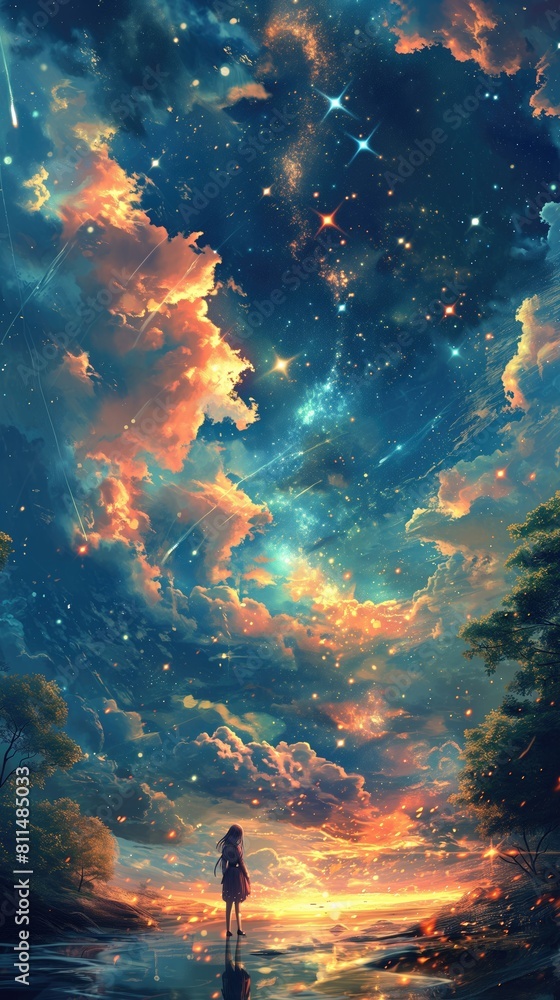 Fototapeta premium Beautiful Cloudy Sky Stars Landscape Digital Art Wallpaper, Unique Radiant Contemporary Vertical Game App Artwork Background, Vibrant Marketing Backdrop Concept, Advertising Web Graphic, Banner Design