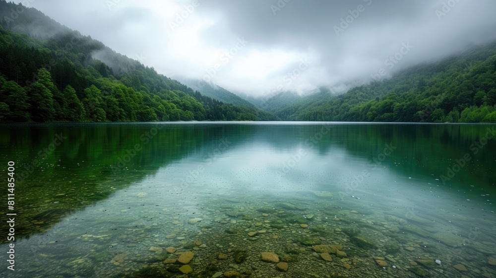 Lake with green water beneath overcast sky Lake with green water beneath overcast sky