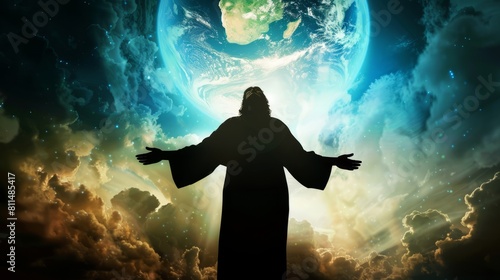 Silhouette of Jesus with arms encircling the world in compassion