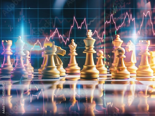  Thunderclap echoes over a chessboard with stock graph background, a strategic play of finance and intellect