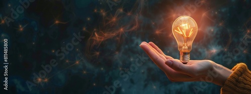 A hand holding a glowing light bulb on a dark background. 