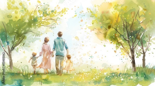 A family of four is walking through a park  with a man and a woman holding hands