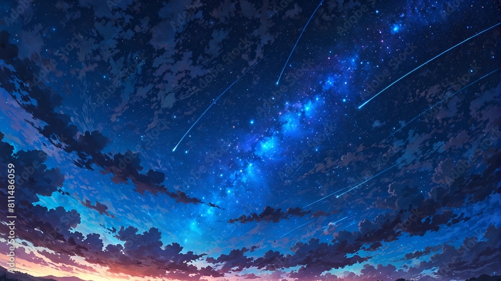 Majestic stars fall in magnificent night sky. Retro anime style with neon light.