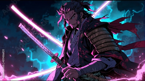 A majestic samurai warrior wields lightning sword in traditional yoroi armor. Retro anime style with neon lights.