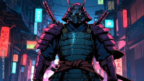 A vigorous samurai warrior wears traditional kabuto helmet and yoroi armor in futuristic city. Retro anime style with neon lights. photo