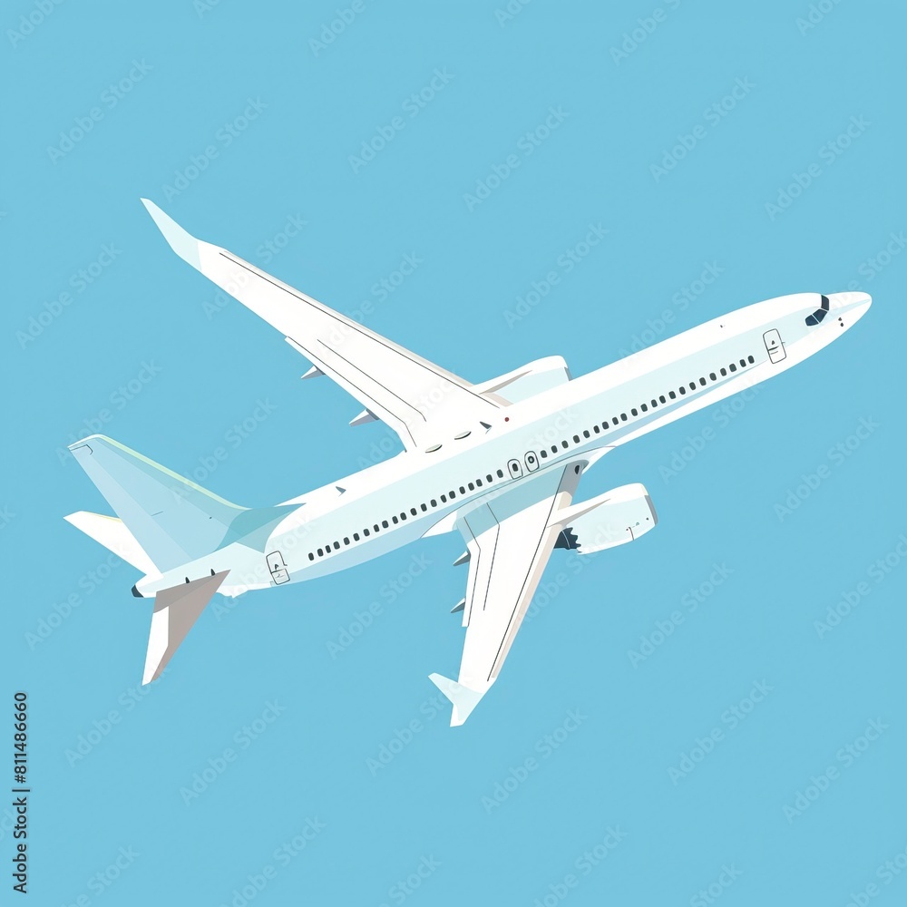 A white airplane on a blue background, in the flat design style with simple shapes and clean lines 