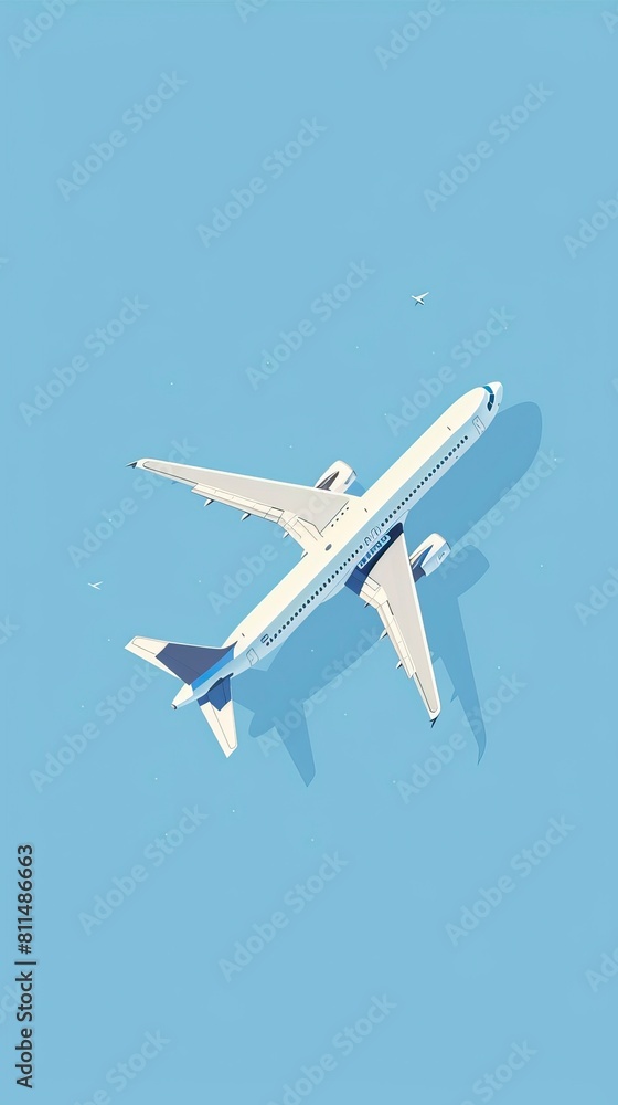 A white airplane on a blue background, in the flat design style with simple shapes and clean lines A white airplane on a blue background, in the flat design style with simple shapes and clean lines