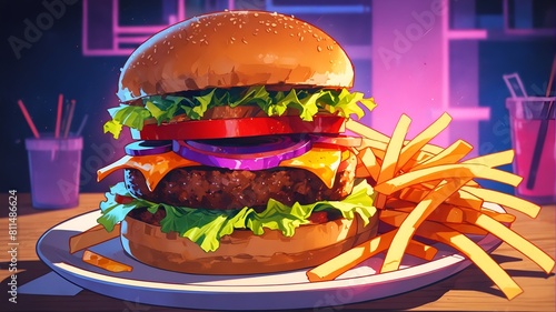 A delicious burger, fries, and soda in retro anime style with neon light.