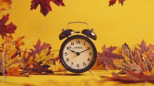 A symbolic representation of Daylight Saving Day  featuring a black alarm clock surrounded by autumn leaves on a vibrant yellow background