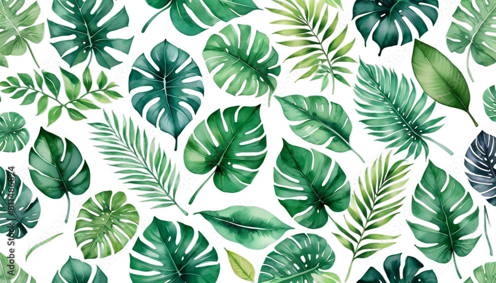 tropical clip leaves background transparent green botanical art watercolor illustration elegant modern plant exotic leaf jungle set nature tropics isolated design summer flora palm decoration floral