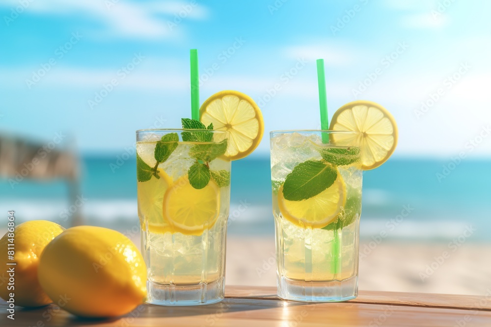 Lemonade and mojito at close-up. Summer drinks with a hazy sea in the backdrop. Vacation concept