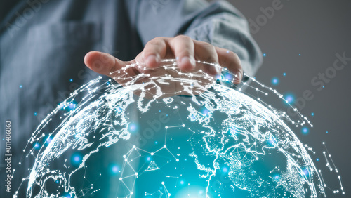Connection to the world network. Big data analytics and business intelligence. Global business point and line composition concept on a world map. The Metaverse technology of digital links.