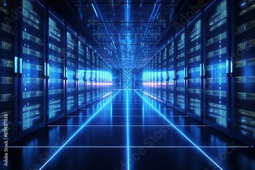 Glowing Blue Light Adorns Servers Data Center Room
