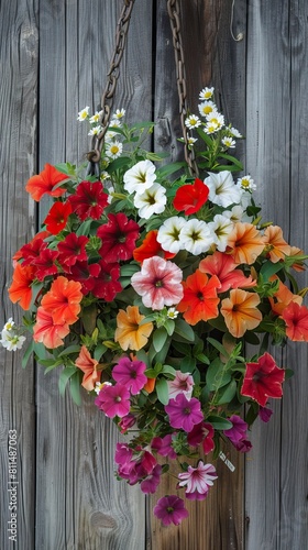 A vibrant hanging planter filled with red, orange and white petunias