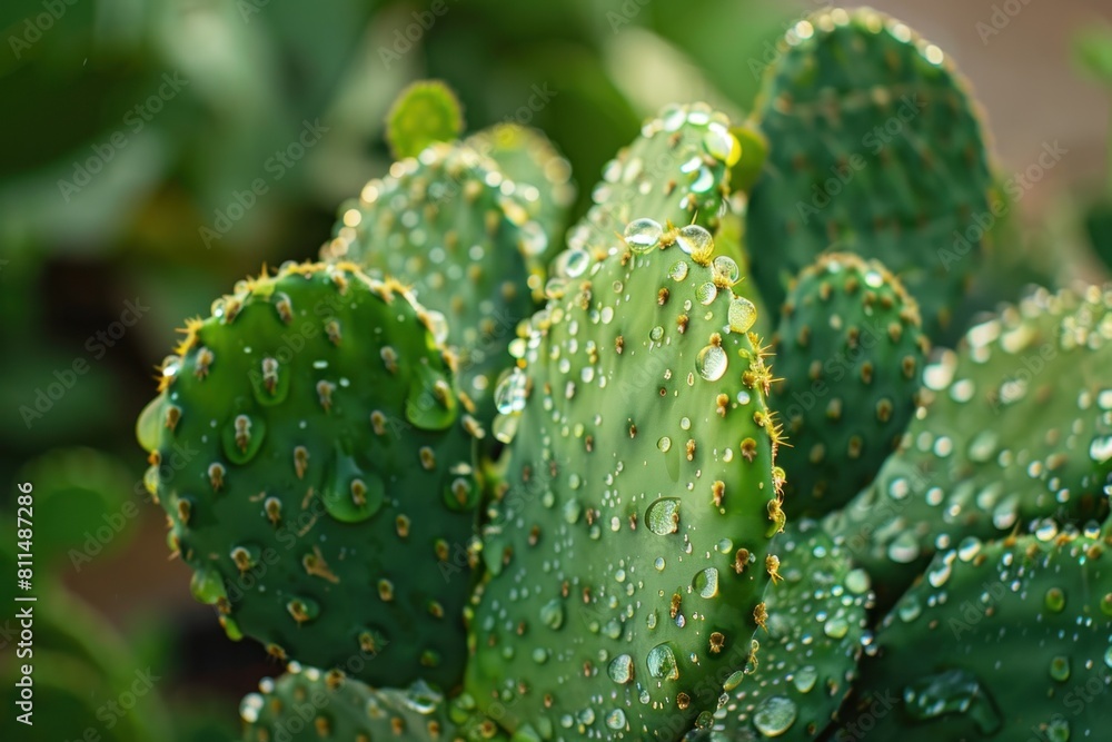 Detailed image of a cactus with water drops on its surface, highlighted by sunlight. Detailed image of a cactus with water drops on its surface, highlighted by sunlight.
