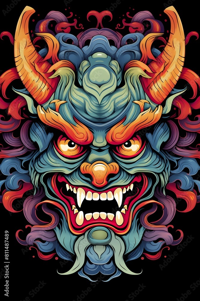 Fototapeta premium Bold Japanese Mask of Fierce Mythical Demon Warrior Spirit