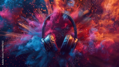 A vibrant banner for World Music Day featuring a pair of stylish headset headphones set against a backdrop of abstract colorful dust particles, 