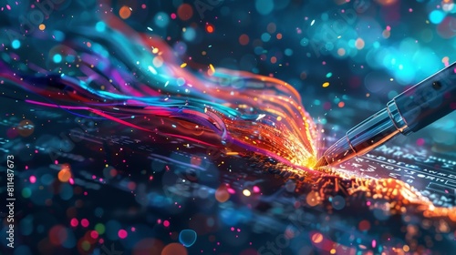 A visually captivating image depicting a digital pen surrounded by swirling lines of code and color  symbolizing the integration of artificial intelligence in graphic design and digital illustration