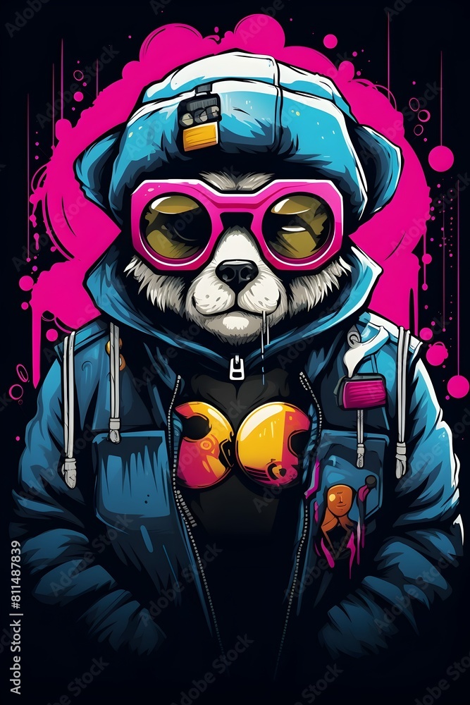 Cool Panda Character in Stylish Streetwear Apparel with Retro 90s Synthwave Aesthetic Cool Panda Character in Stylish Streetwear Apparel with Retro 90s Synthwave Aesthetic