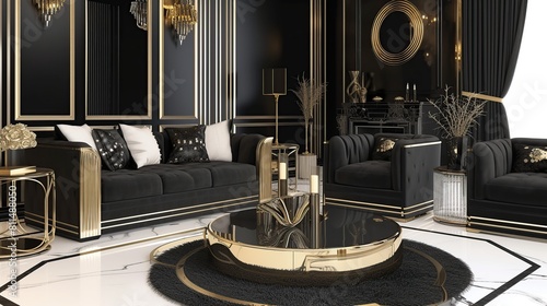 Luxury interior of a black and metallic gold living room with black and white. Generative Ai
