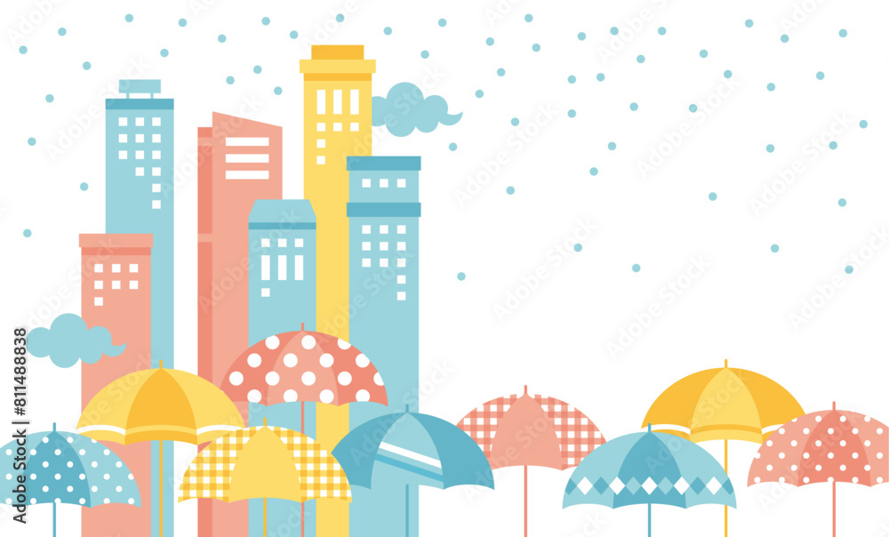 illustration background of snowy cityscape and colorful umbrellas