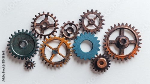 A group of cogs interlocked together, illustrates how they work in unison to transfer motion.