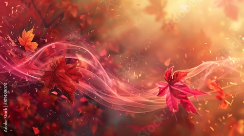 Amidst the autumn foliage  vibrant red leaves dance gracefully amidst swirling tendrils of color smoke  infusing the web design banner with an enchanting mystic atmosphere