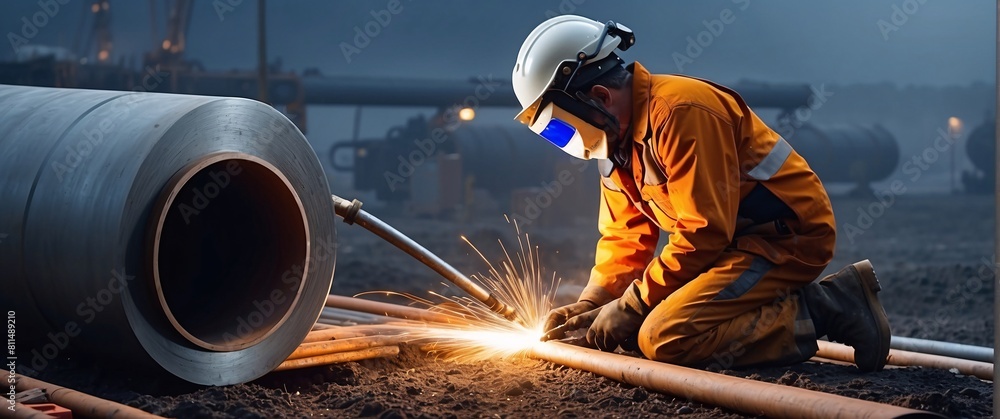 Skilled welder assembling durable pipelines for infrastructure project, well lit, but full of determination, the weather is cloudy but without rain, it is dark outside Skilled welder assembling durable pipelines for infrastructure project, well lit, but full of determination, the weather is cloudy but without rain, it is dark outside