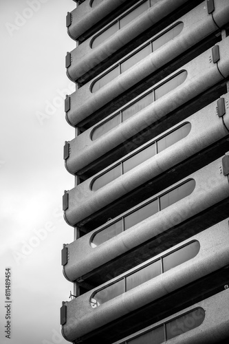 Exterior facade of a brutalist style apartment building in Calgary's downtown.