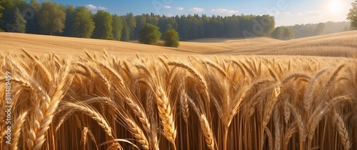 Wheat field. Beautiful rural scenery under shining sunlight and blue sky