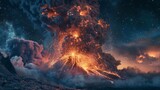 An awe-inspiring scene of the Alitli-Hr??tur volcano erupting with immense power, sending clouds of ash and smoke billowing into the air, against a backdrop of starry night skies