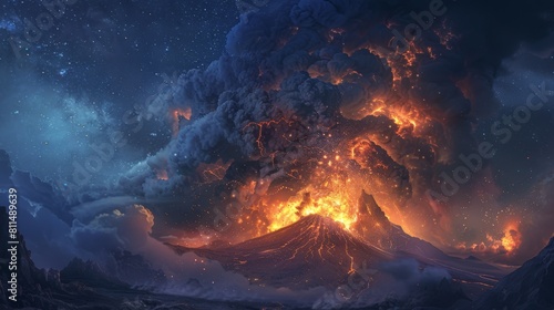 An awe-inspiring scene of the Alitli-Hr??tur volcano erupting with immense power, sending clouds of ash and smoke billowing into the air, against a backdrop of starry night skies photo