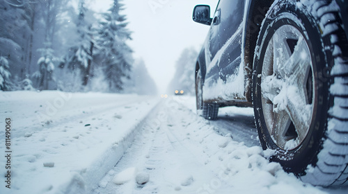 Car tires on snow-covered road, generative Ai © Zoya