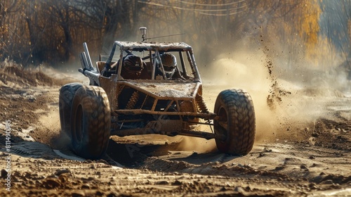 Portrait of a buggy car in action on a mud track. AI generated image