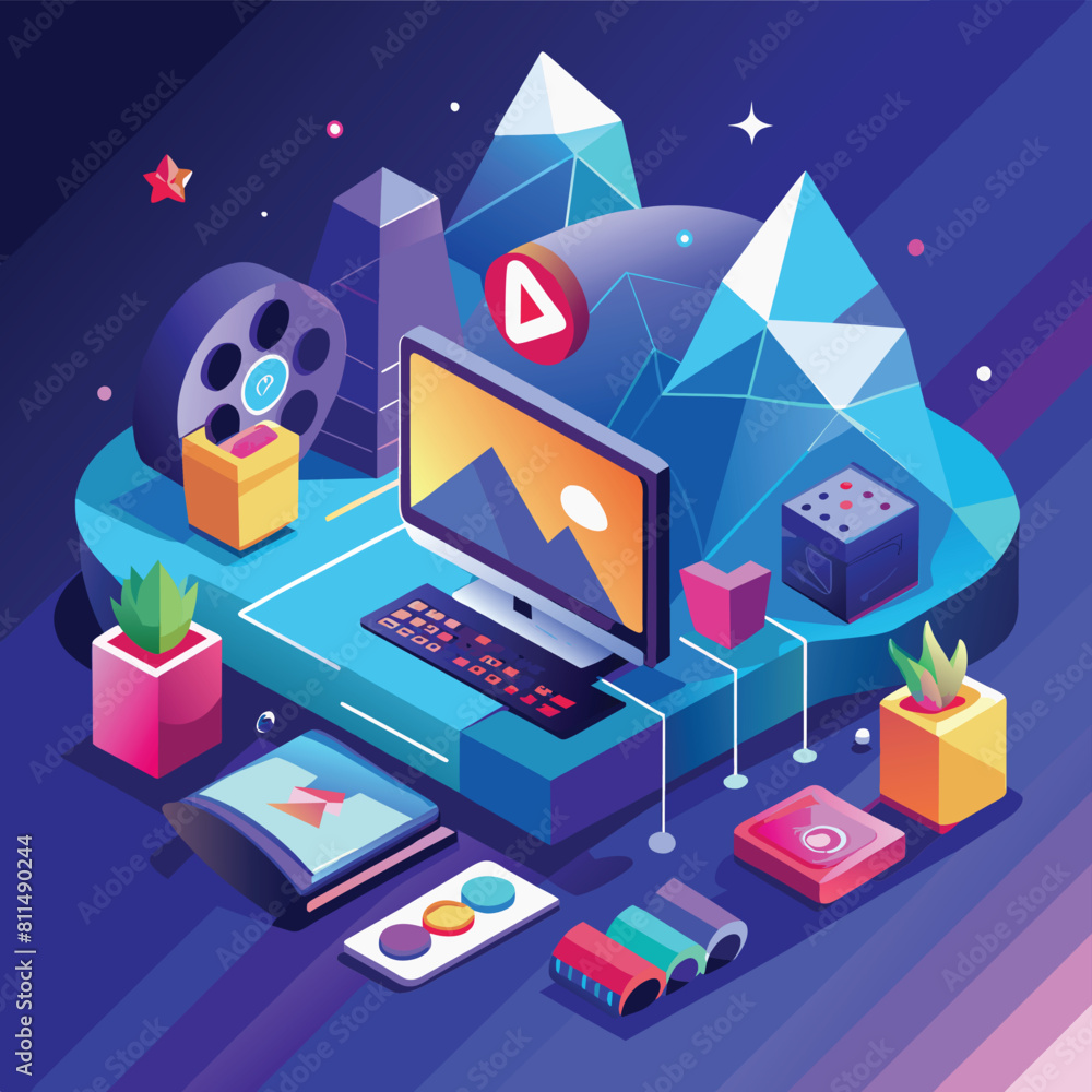 Video streaming service interface. Watching movies and series online. Entertainment technology. Low poly vector illustration with 3D effect on cinema background Video streaming service interface. Watching movies and series online. Entertainment technology. Low poly vector illustration with 3D effect on cinema background