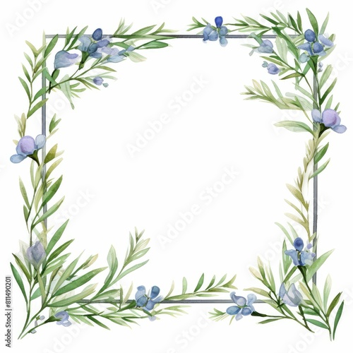 rosemary themed frame or border for photos and text. featuring delicate blue flowers and green foliage. watercolor illustration  flowers frame  botanical border.