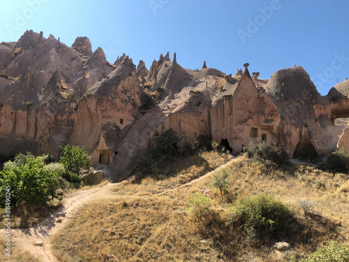 Aerial drone shot of the Fairy Chimneys over the landscape of Goreme, Cappadocia.