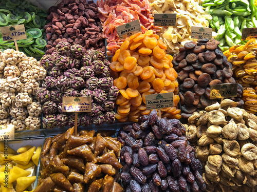 Fruit and vegetable stands on display in the middle of Istanbul Markets Turkey.