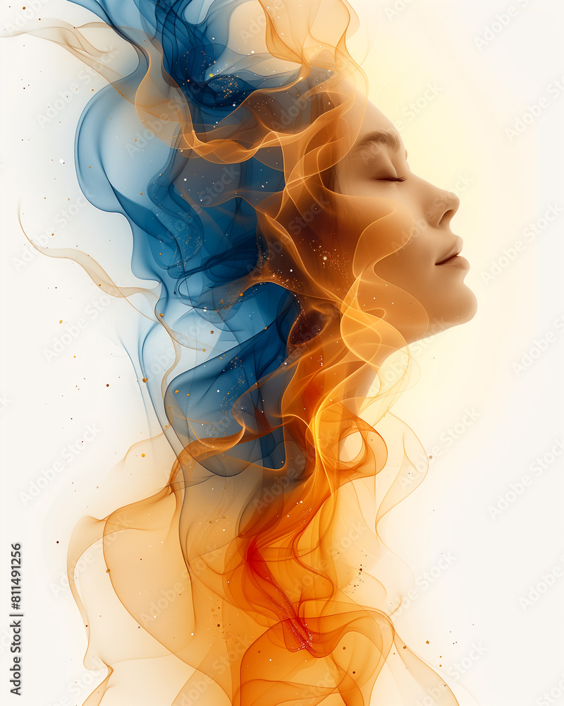 a double exposure painting of a woman s face with smoke coming out of her hair