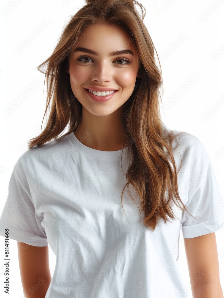 Woman wearing white tshirt mockup created with generative AI Woman wearing white tshirt mockup created with generative AI