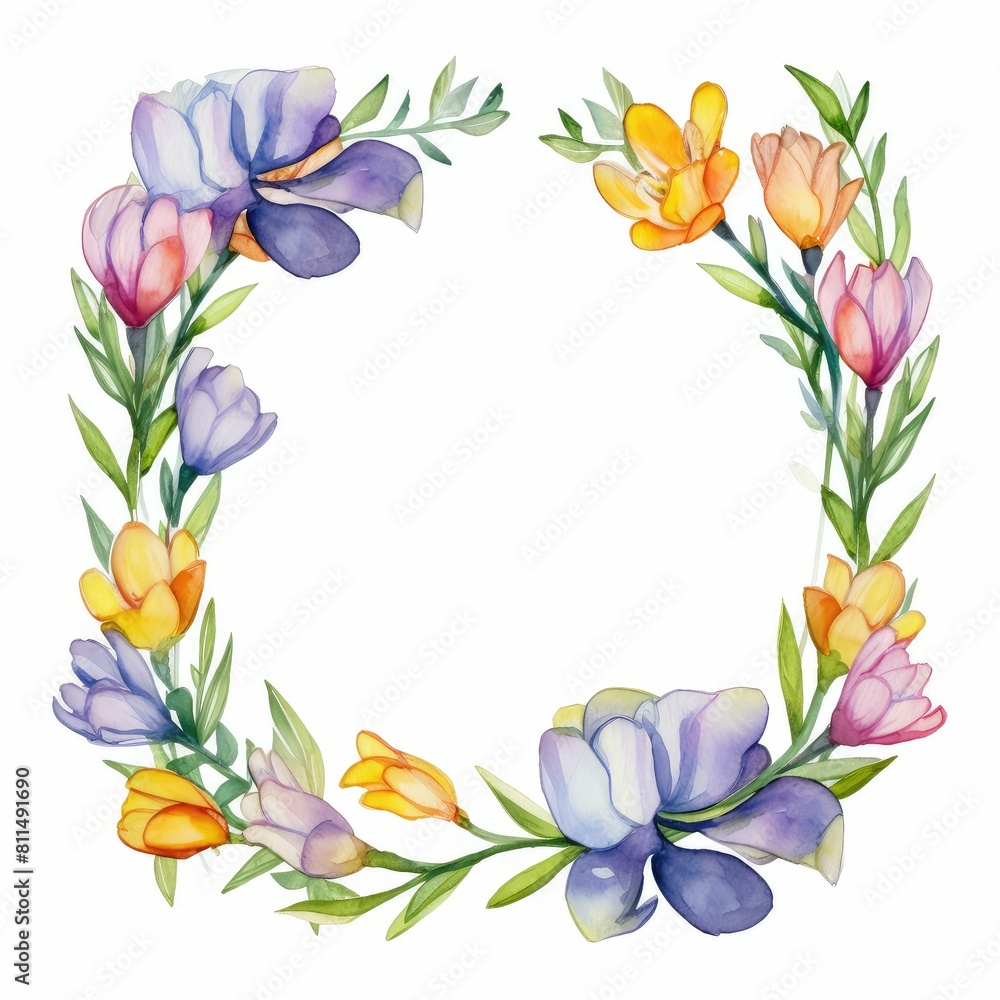 freesia themed frame or border for photos and text. fragrant blooms in various colors. watercolor illustration, For greeting card.