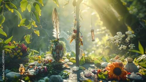 An enchanting close-up of a green witch's sacred space, filled with natural elements and magical symbols